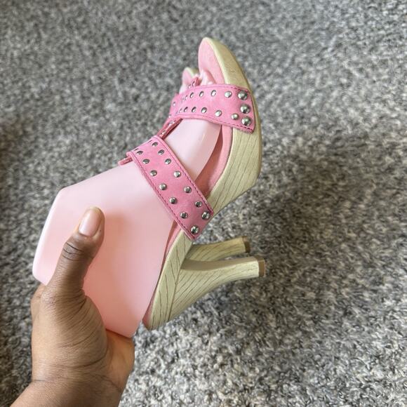 Naturalizer Vtg Y2K Clog Heels Sandals Pink Leather Studs Size 7 M Strappy - Picture 4 of 11